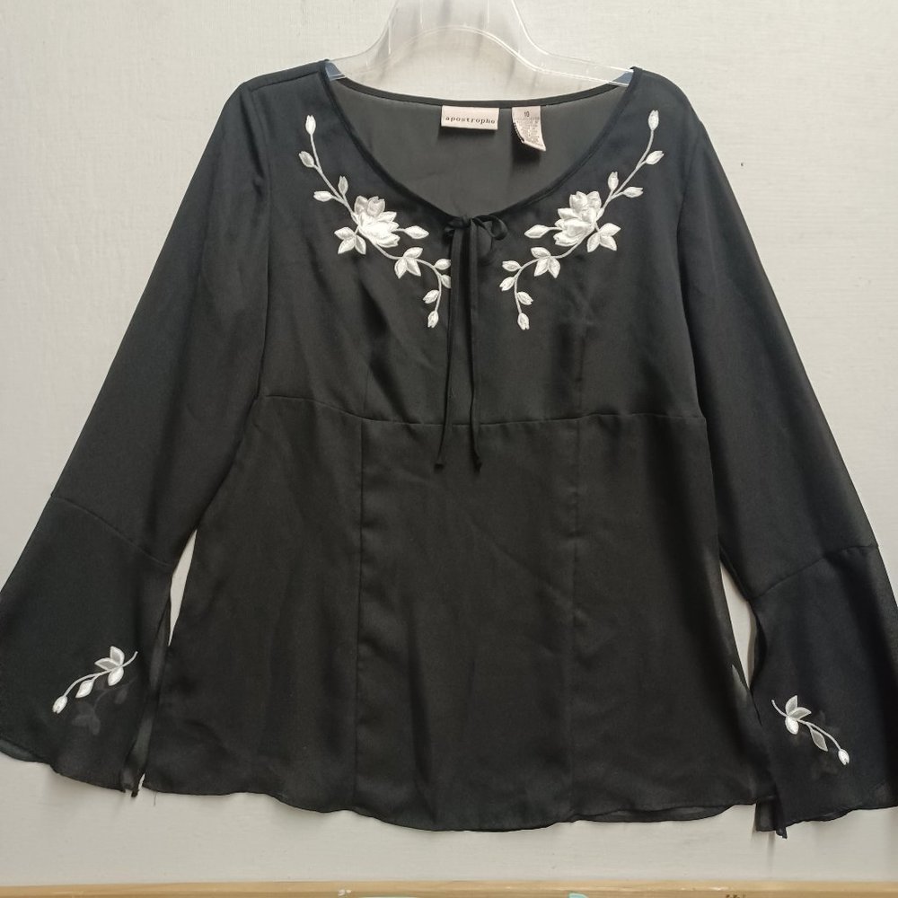 apostrophe , black sheer blouse, size 10